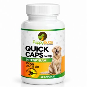 Dog supplement bottle with capsules for pets.