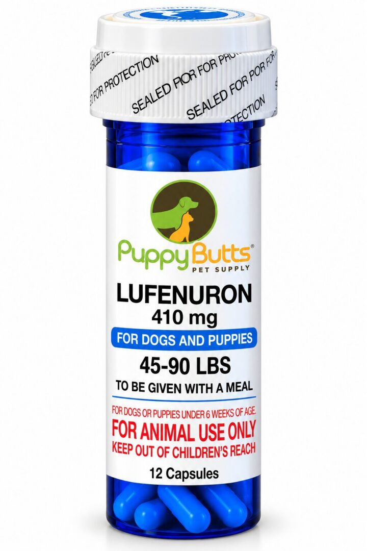Lufenuron capsules for dog flea prevention.